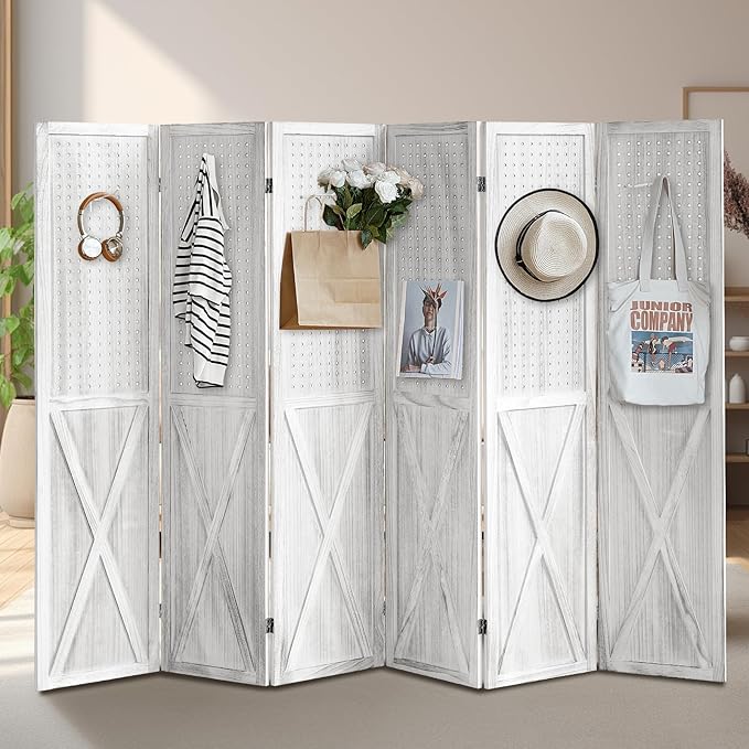 6 Panel Pegboard Room Divider, 5.6Ft Pegboard Display Folding Privacy Screens, Wood Room Divider Peg Board Display Freestanding for Trade Show Craft Show Home Wall Organizer, Retro White