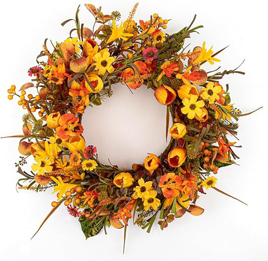 18 Inches Fall Wreaths for Front Door Rustic Autumn Wreath Farmhouse Fall Floral Wreaths with Tulips Phalaenopsis Orange Wildflowers for Wall Window Porch Indoor Outside Decor