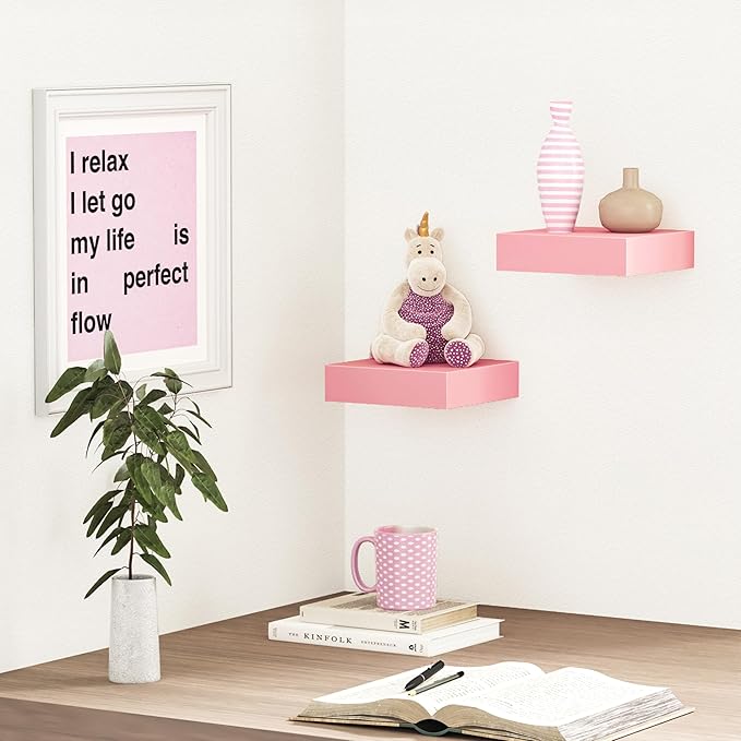 BAMEOS Pink Floating Shelves for Wall, 6" x 6" Wall Shelves for Room, Floating Book Shelves, Hanging Shelves for Bedroom, Bedroom, Living Room, Kitchen (Set of 2)