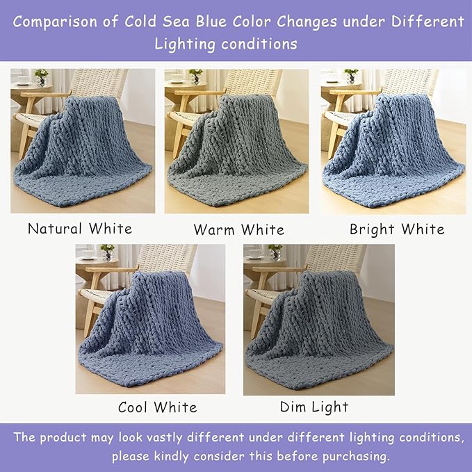 Bigacogo Chunky Knit Throw Blanket for Couch, 40x80 inches, 100% Hand Knitted with Thick Jumbo Chenille Yarn, Cozy Soft Large Rope Knot Cable Crochet Blankets for Sofa Bed Living Room, Cold Sea Blue