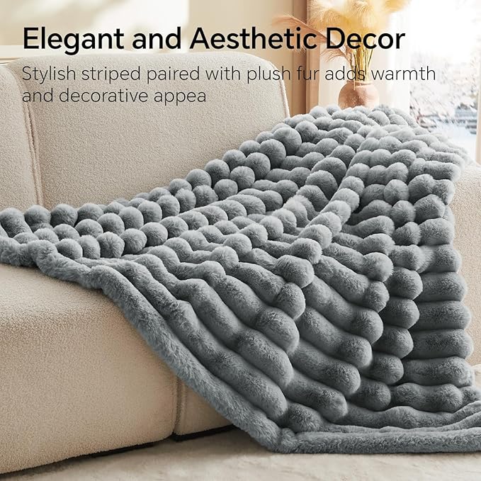 BEDELITE Faux Fur Throw Blanket for Couch, Soft and Cozy Luxurious 3D Striped Fluffy Blanket, 770GSM Thick Warm Plush Fuzzy Faux Rabbit Fur Blanket for Women Gift (Crey, 50"x 60")