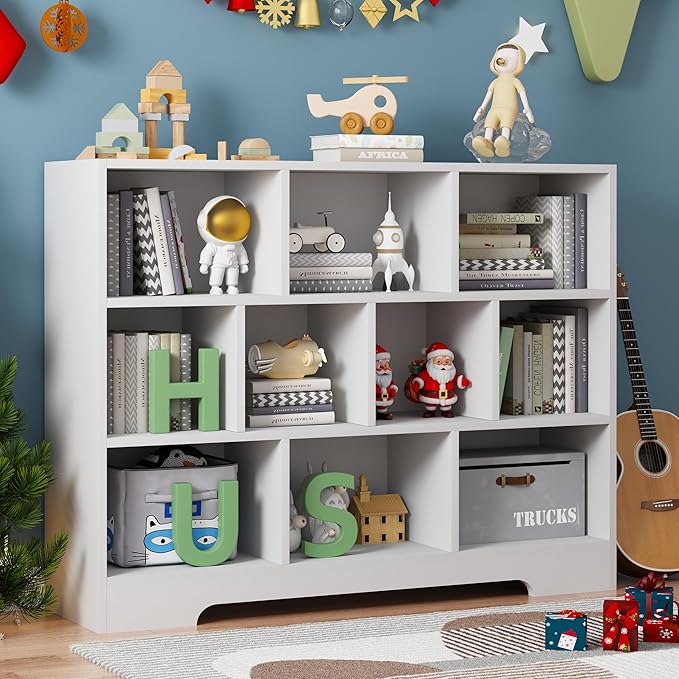 Book Shelf, 10 Cubes Storage Organizer, 3-Tier Open Shelf Wooden Bookcase, Freestanding White Bookshelf Cube Shelf for Bedroom, Living Room, Home Office