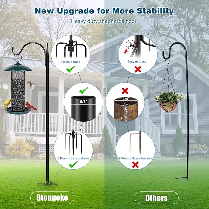 Gtongoko 63 Inch Shepherds Hooks for Outdoor with 5 Prongs Base, Adjustable Bird Feeder Pole Garden Hooks for Hanging Lanterns, Plants Baskets, Hummingbird Feeders, 1 Pack