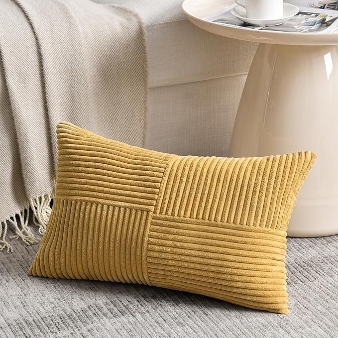 Fancy Homi 2 Packs Mustard Yellow Lumbar Decorative Throw Pillow Covers 14x24 Inch for Couch Bed, Rustic Farmhouse Boho Home Decor, Soft Striped Corduroy Rectangle Accent Cushion Case