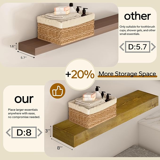 Floating Shelves 3 inch Thick for Wall Set of 2,Solid Pine Wood Wall Mount Shelf for Kitchen Living Room Bedroom Bathroom,8" D x 60" L x 3" H-Gold Oak