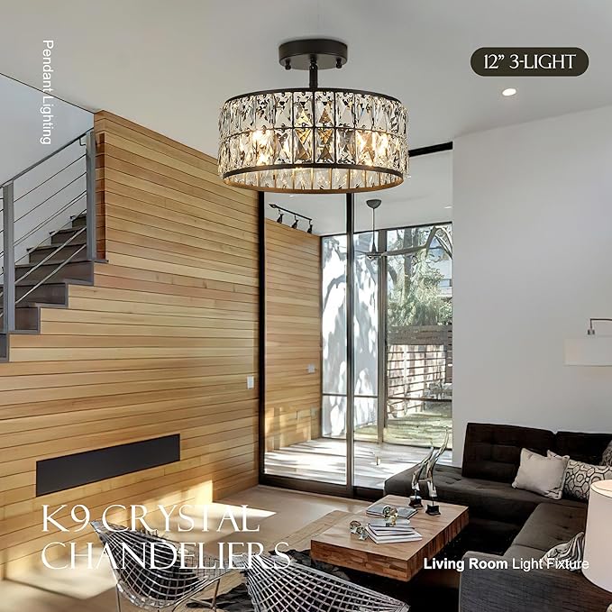 12” 3-Light Modern Crystal Chandeliers Black Dinning Room Light Fixture with Two Poles, Round Pendant Light Kitchen Island Chandelier, Flush Mount Ceiling Light for Living Room Entryway