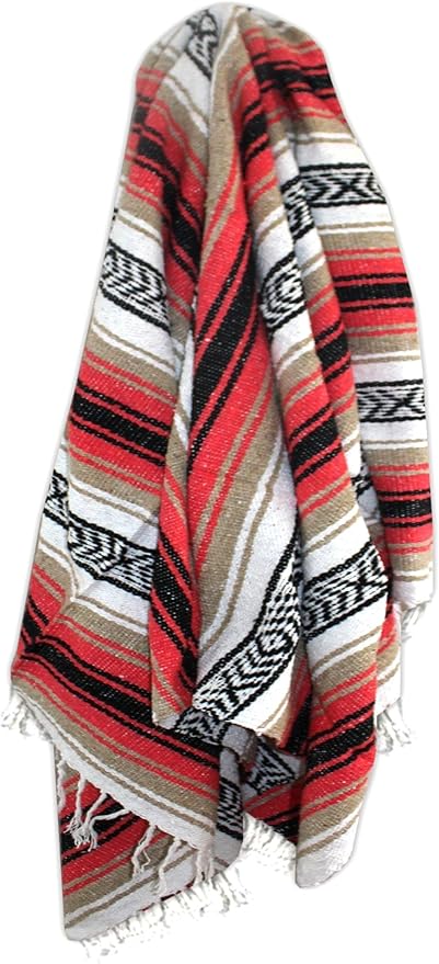 Del Mex Classic Mexican Blanket, Large Authentic Woven Falsa Throw (70"x50"), Artisan Southwest Décor for Beach, Yoga, Outdoors (Pink/Tan)