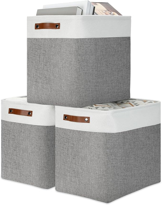 DULLEMELO Storage Baskets 17 inch Large Basket for Blanket Living Room, Foldable Storage Bins Baskets for Organizing [3 Pack] Blanket Storage Baskets Organizer for Home,Office,Closet(White&Grey)