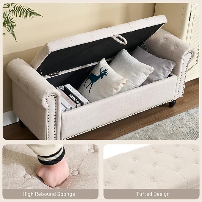 Furniliving 55” End of Bed Bench, Bedroom Bench with Button-Tufted, Large Upholstered Storage Ottoman Entryway Bench with Storage Shoe Cabinet Bench, for Bedroom, Linen, Camel