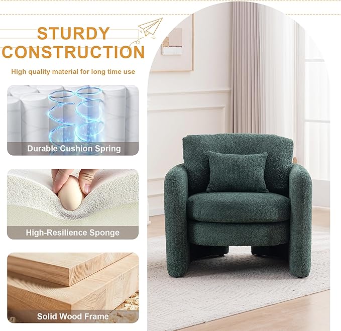 Chenille Accent Armchair Oversize Upholstered Barrel Comfy Modern Round Lounge Chair with Pillow Cozy Reading Chairs for Apartment,Office,Living Room,Dining,Makeup,Club,Green