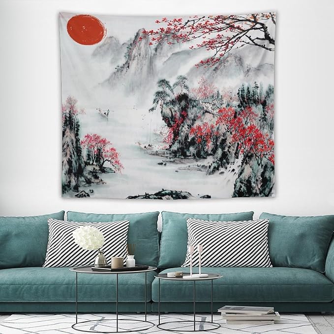 Cherry Blossoms Tapestry,Japanese Red Landscape Asian Watercolor Abstract Art Tapestry, Asian Japanese Wall Tapestry, Nature Landscape Tapestries for Bedroom Living Room Decor 60"x50"