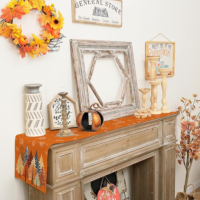 GEEORY Fall Watercolor Trees & Maple Leaves Table Runner 13x60 Inch, Rustic Farmhouse Autumn Thanksgiving Decor for Kitchen, Dining, Indoor/Outdoor Holiday Dinner Party Orange GT158-60