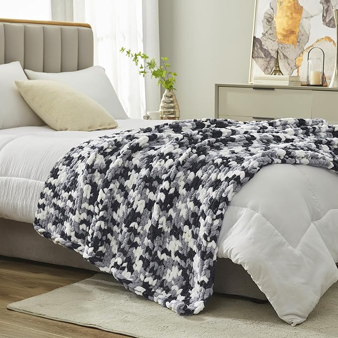 Amélie Home Chunky Knit Throw Blanket for Couch, Soft Chenille Crochet Blanket for Sofa, 50"x60", Space-Dyed Black