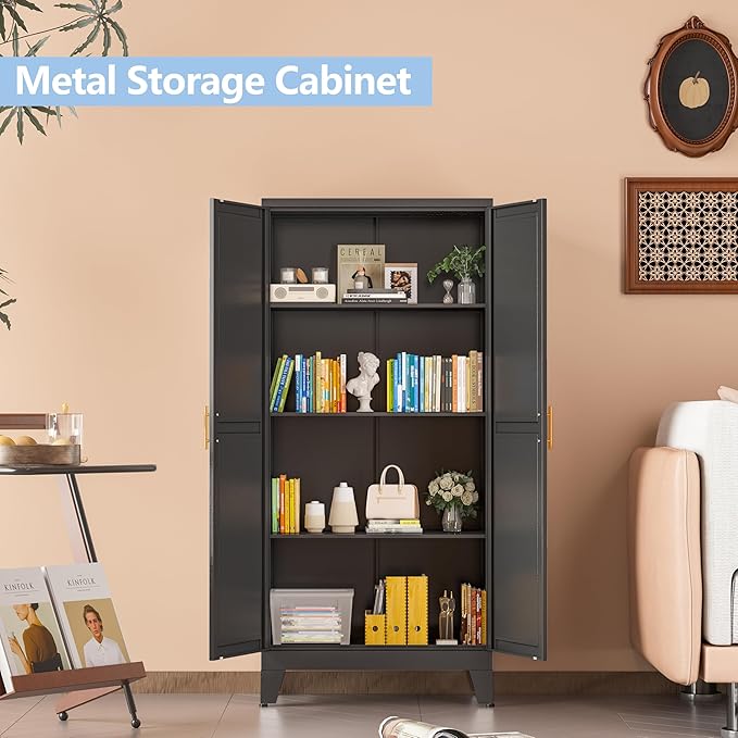 Black Metal Storage Cabinet, 48" Steel Cabinets for Home Office, Kitchen Pantry Storage Cabinet with Doors and 3 Adjustable Shelves, for Office, Home, Garage, School