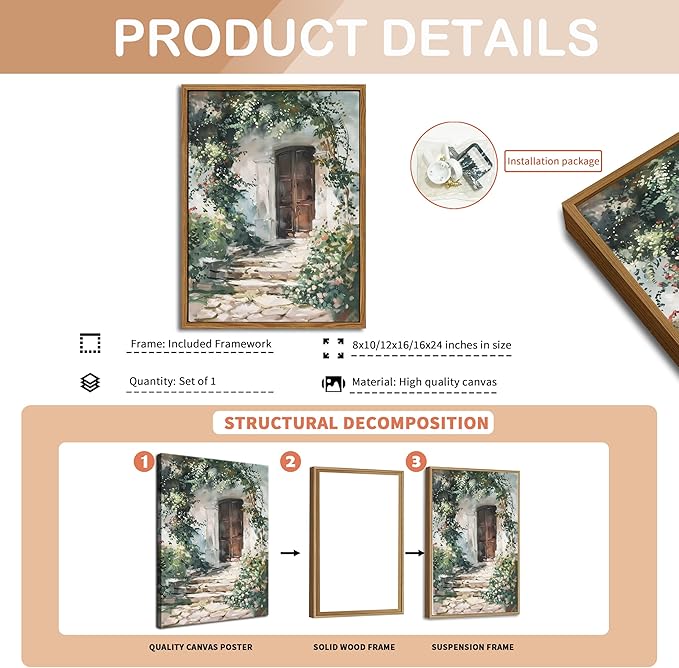 Floating Framed Canvas Vintage Wall Art, Rustic Cottage Spring Garden Oil Paintings Print, Country Floral Pictures Wall Decor for Living Room Bedroom Office Home Decor 12x16 inch