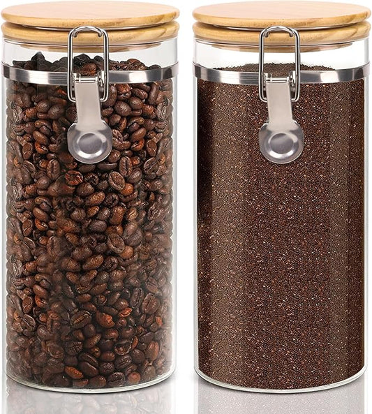 Glass Storage Jars Set Elegant Containers with Airtight Bamboo Lids, Perfect for Kitchen Organization - Flour, Rice, Pasta, Sugar, Coffee Beans, Accessories Included (Coffee Jar x 2)