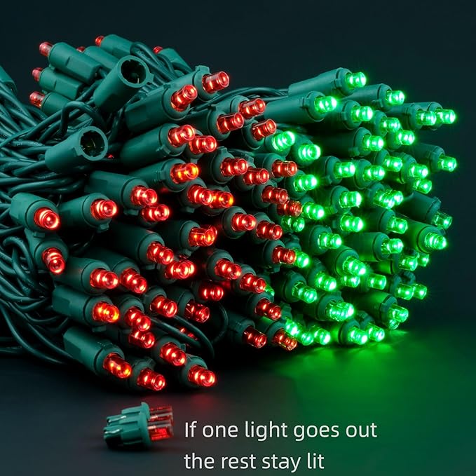 200 Count Red Green Wide Angle LED Christmas Lights, 66 ft Green Wire UL Certified Commercial Grade 5mm Holiday String Light Set (Red & Green)