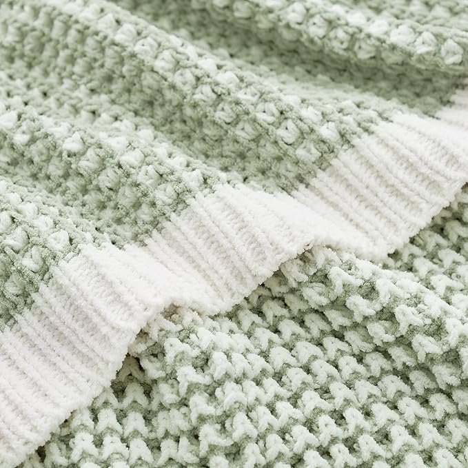 Amélie Home Chenille Waffle Throw Blanket for Couch, Reversible Pineapple Stitch Knit Soft Cozy Knit Blanket Lightweight Warm Decorative Throw for Sofa, Bed, Living Room, 50"x60", Sage Green&Ivory