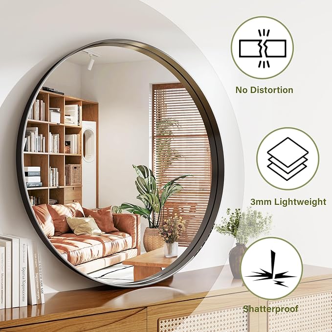 48 Inch Round Bathroom Mirror - Wall Mounted Circle Mirror with Metal Frame, Modern Mirror Suitable for Bathroom, Vanity, Entryway, Living Room, Wall Decor,Black