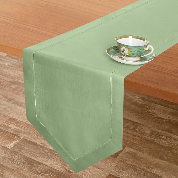 D'Moksha Homes Sage Green Linen Table Runner 120 Inches Long - 100% Pure Linen Diamond Table Runner 14 x 120 Inch for Dining, Fall and Halloween - Machine Washable