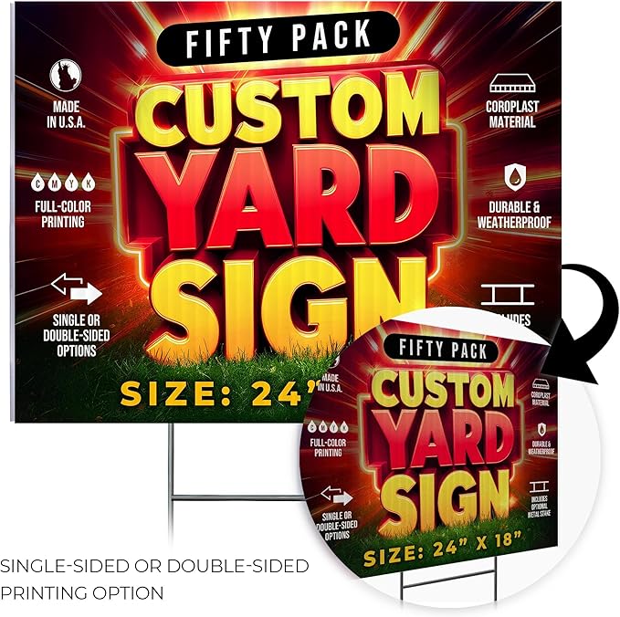 50 Pack 24"x18" Custom Yard Signs with Stakes, Personalized Yard Signs for Outdoors, Customized Full Color Print Corrugated Signs for Business