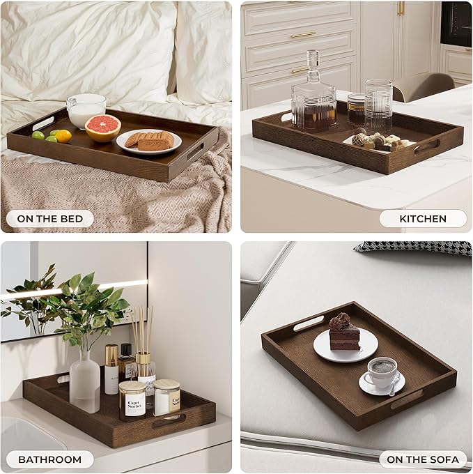Axeman Wooden Serving Tray with Wood Handles|Ottoman Tray for Breakfast, Bed, Couch|17x12in Ash Wood Coffee Table Trays|Food Drinks Decorative Storage Boards for Ottoman Kitchen, Walnut