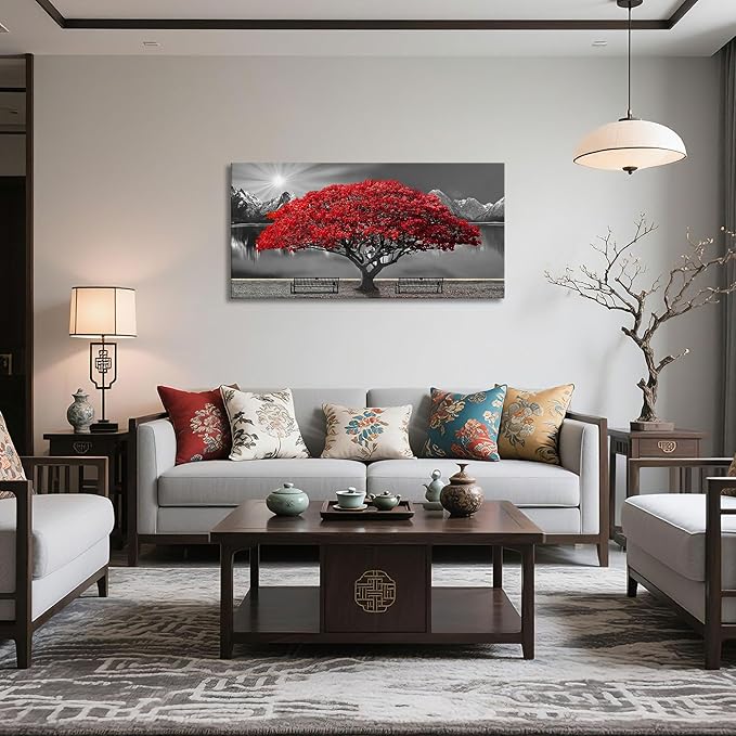 Black and White Red Tree Wall Art Canvas Print Picture Large Red Tree Landscape Modern Artwork for Living Room Bedroom Office Home Wall Decoration Decor With Frame 20x40in