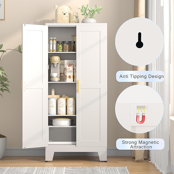 61.02" Pantry Cabinet, Kitchen Pantry Storage Cabinets with Adjustable Shelves and Feet, White Pantry Storage Cabinet for Kitchen, Dining Room, Living Room and Bathroom (White) Metal