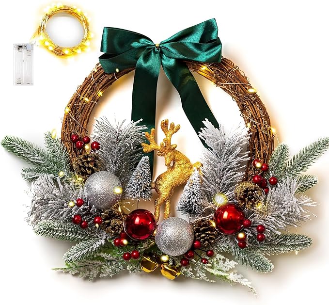 Christmas Door Wreath Lighted Xmas Wreaths - Walasis Winter Wreaths for Front Door Decor Outside Flocked Christmas Wreath Hanging with Lights for Wall