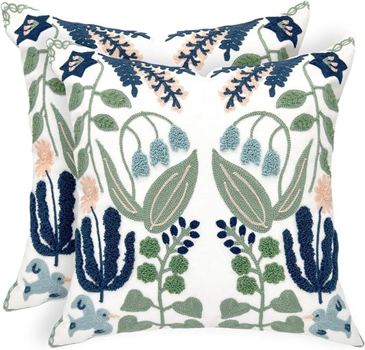 Alysheer Summer Floral Embroidered Decorative Throw Pillow Covers 18"x 18" Set of 2, Farmhouse Navy Blue Flowers Green Leaves Tufted Patterned Cotton Cushion Cases for Couch Bed Living Room Decor
