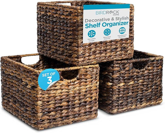 BIRDROCK HOME Woven Storage Shelf Organizer Baskets with Handles - Set of 3 - Abaca Wicker Basket - Pantry Living Room Office Bathroom Shelves Organization - Under Shelf Basket - Handwoven (Espresso)