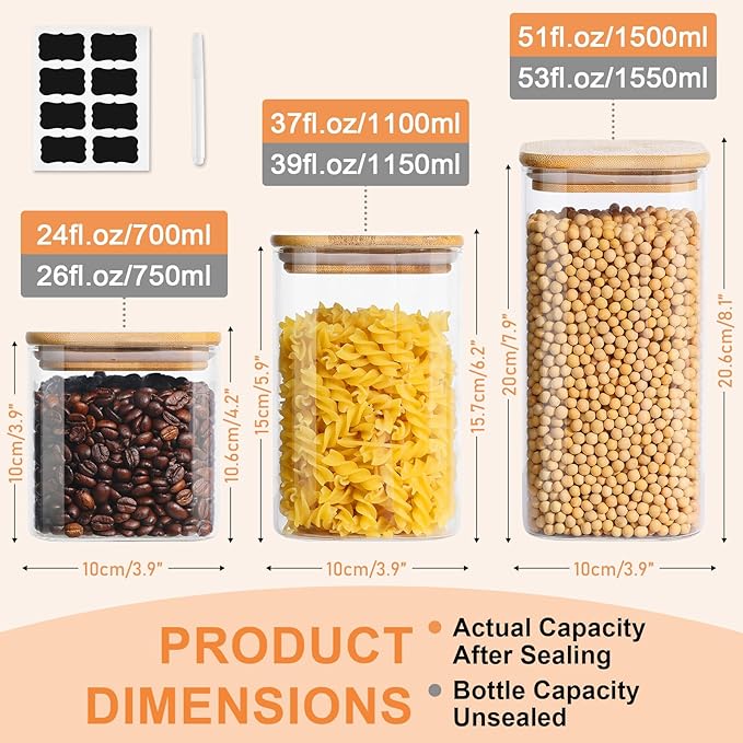Glass Food Storage Jars with Lids(24oz/37oz/50oz)Square Set of 6 ,Glass Storage Containers Clear Glass Food Canister with Bamboo Lid Airtight For Serving Tea, Coffee Beans, Candy,Spice and More