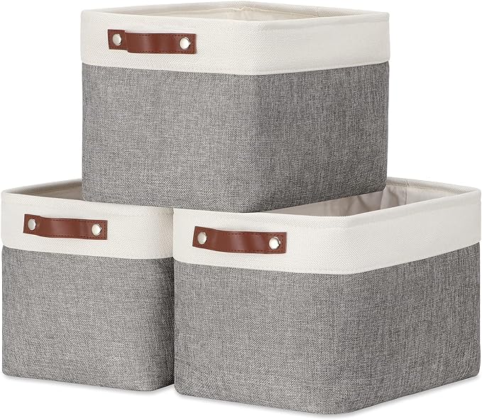 DULLEMELO Storage Baskets for Organizing, Rectangular Fabric Storage Bins Collapsible, Perfect for Shelves, Closets, Empty Gift Baskets (3-Pack Medium-15 inch X 11 inch X 9.5 inch , White&Grey)
