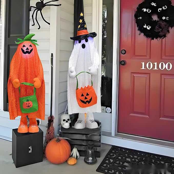 37" Front Porch Light up Halloween Ghost Figure Décor, Kit Standing Trick or Treat Indoor and Outdoor Decorations-Start