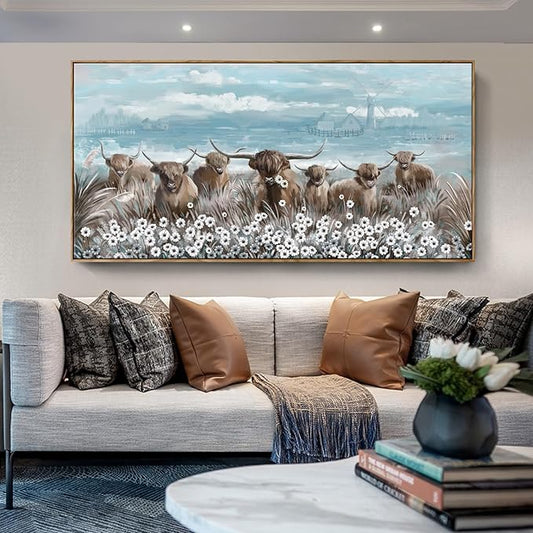 Extra Large Framed Wall Art for Living Room Big Boho Farmhouse Highland Cow Canvas Artwork Flower and Animal Picture Rustic Coastal Blue and Brown Decor for Office Bedroom Kitchen