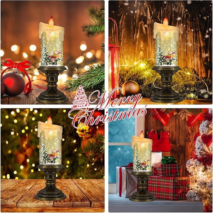 Christmas Flameless Candles, Flickering LED Candles with Timer, Snow Globe Candle Lights for Christmas Decorations