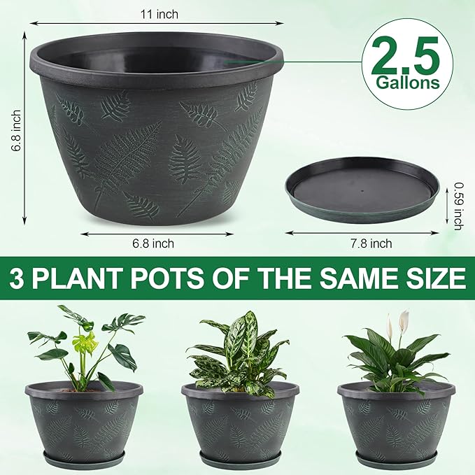 11 inch Plant Pot Set of 3, Plastic Flower Pots with Drainage Hole & Tray, Decorative Round Planters for Indoor Plants, Modern Outdoor Home Flowers Plants Garden Pots (Green)