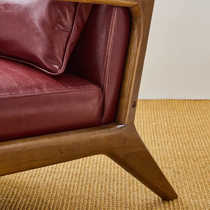 Glitzhome 2 Set Mid Century Red Accent Armchair, Single Reading Armchair PU Leather Lounge Chair with Walnut Ruberwood Frame