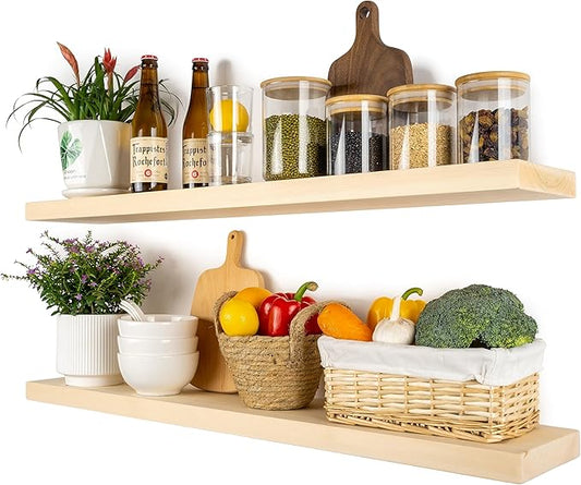 BGMG Wood Floating Shelves 36 inch, Wide Rustic Wooden Wall Shelves for Bathroom Living Room Bedroom Kitchen Farmhouse Set of 2-36x 6.7 x1.25 inch- DIY-Unfinished