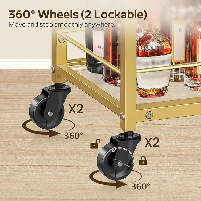 Bar Cart, 3-Tier Bar Cart for The Home, Home Bar Serving Cart with Glass Holders, Beverage Cart for Kitchen, Dining, Party Room, Gold BC03GD