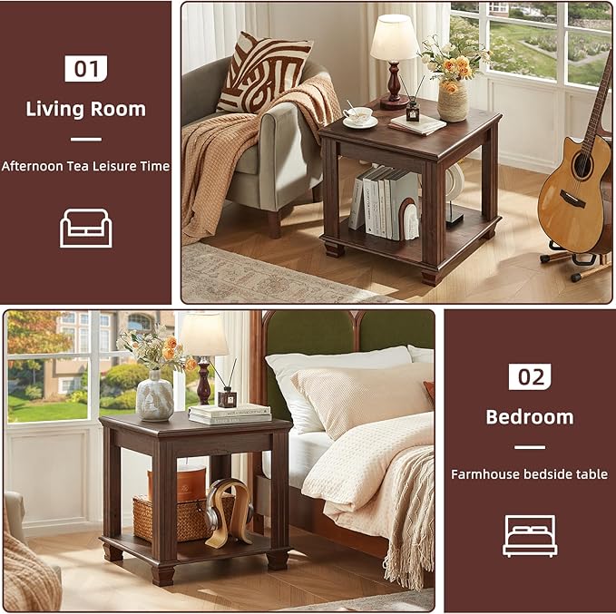 Farmhouse End Table Set of 2,Large Side Table with 2-Tier Storage Shelf,Rustic Brown End Tables for Living Room,Square Tea Table,Walnut