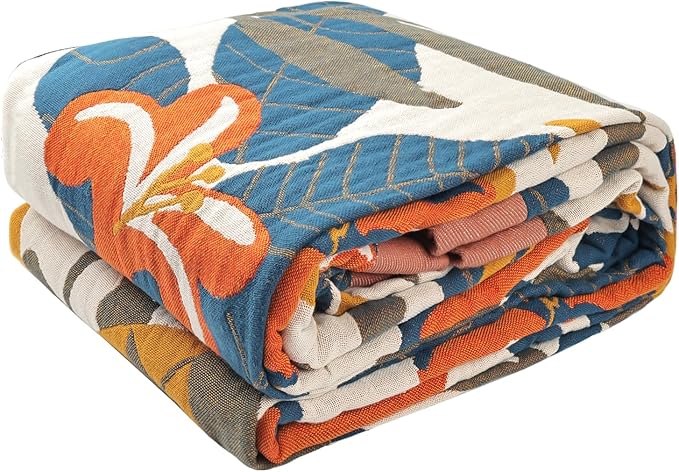 Boho Throw Blanket for Bed - 100% Pure Cotton Ultra Soft Rustic Quilt - Farmhouse Decor Bed Blankets, All Season Rustic Throw for Sofa Couch Chair(80''x 90'', Floral Sea)