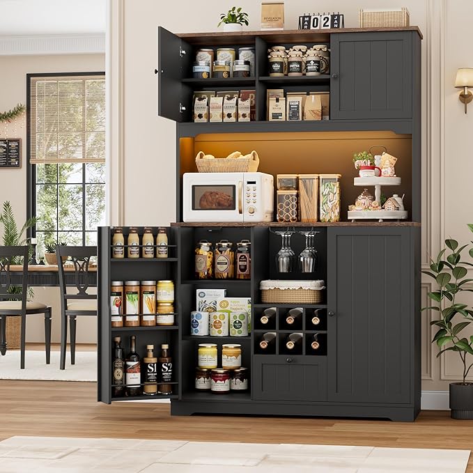 FINETONES 71" Pantry Cabinet with LED Light and Charging Station, Kitchen Pantry Cabinet with Microwave Stand, Kitchen Hutch Food Storage Cabinet with Outlet and Wine Racks, Black