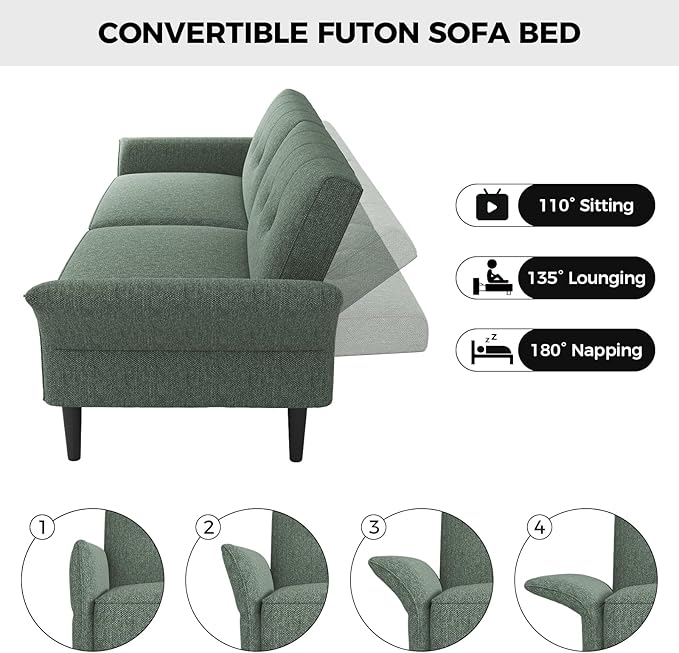 89” Futon Sofa Bed, Linen Comfy Futon Couch Bed with 2 Square Pillows, Convertible Sleeper Sofa with Adjustable Backrest& Armrests, Modern Loveseat Sleeper for Living Room, Bedroom, Green