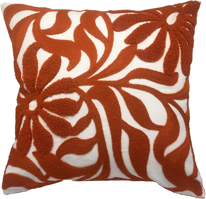 Alysheer Farmhouse Floral Leaves Embroidered Decorative Throw Pillow Cover 18x18 inches, Boho Tufted Flowers Embroidery Pattern Chic Cotton Cushion Case for Couch Bed Sofa Living Room(Burnt Orange)