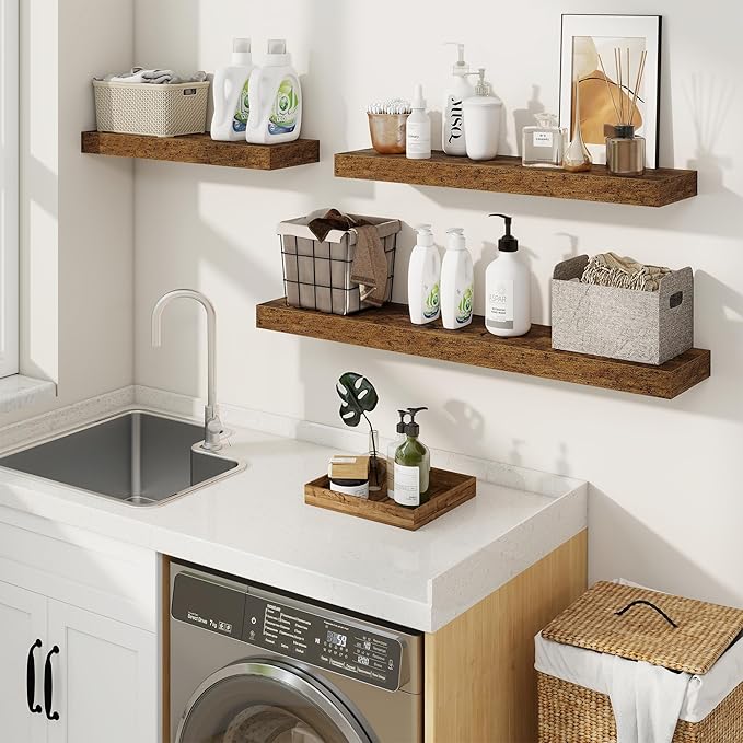 fuqing Floating Shelves for Wall, Bathroom Shelf Wall Mounted for Storage, Shelves with Invisible Bracket for Bedroom, Kitchen, Living Room, Farmhouse Small Book Shelf, 32 Inch Set of 2, Rustic Brown