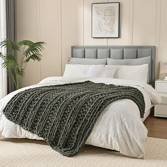Esterra Chunky Knit Blanket Throw, 100% Handmade Chenille Throw Blanket 40"x50", Soft Thick Yarn Cable Knit Crochet Throw Blanket Rope Knot Throw for Couch Bed Sofa, Dusty Olive