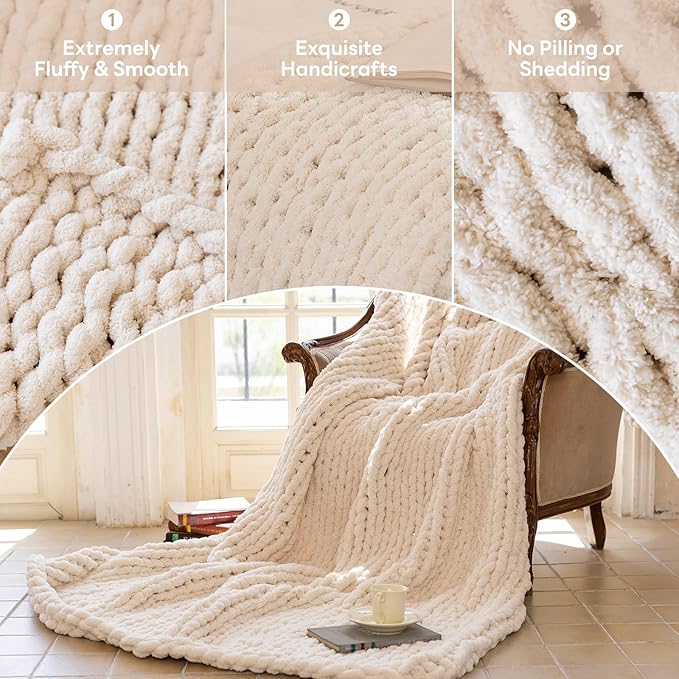 Chunky Knit Blanket - Luxury Soft Cozy Extra Large Size (80 * 90) Throw Blanket,100% Woven Blanket Rope Knot Throw Blanket for Couch, Sofa, Home Decor, Gift - Machine Washable（Cream）