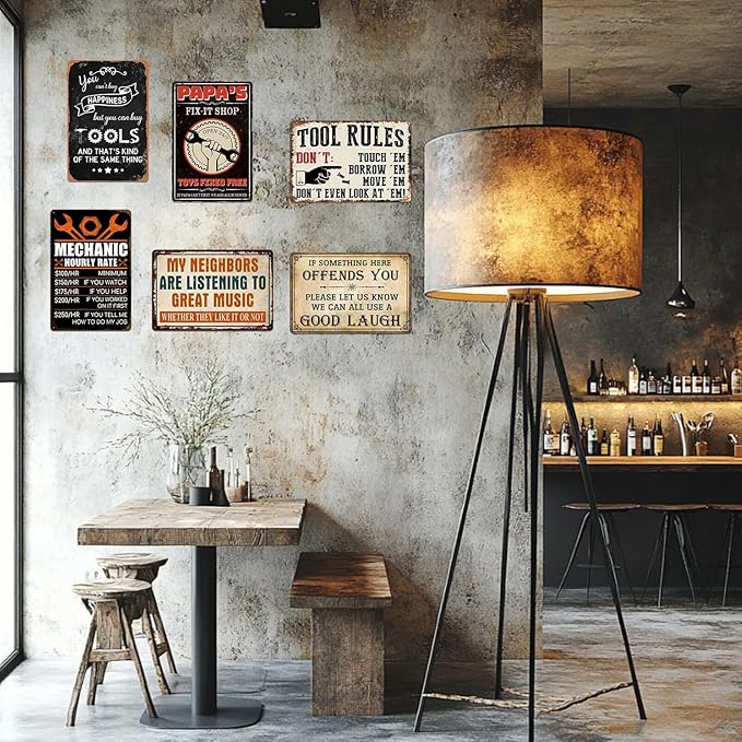 Garage Signs for Men Mechanic Shop Decor Funny Tool Rule Metal Tin Signs for Dad Garage Gifts Grandpa Workshop Wall Decor 8x12 Inch