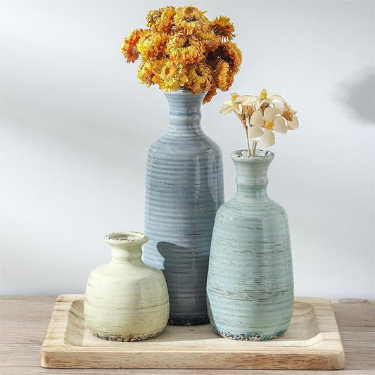 Ceramic Vase Set of 3, Rustic Neutral Vases Home Decor Farmhouse Decorative Flower Vase Modern Boho Pampass Vases for Table Mantel Entryway Shelf Living Room Kitchen Bathroom - Multicolor